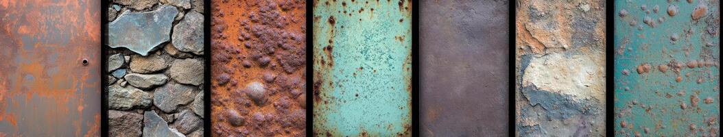 Diverse textures of aged materials showcasing rust, stone, and metal surfaces photo
