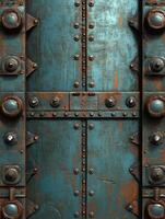 Rusty industrial door with rivets showcases weathered teal finish photo