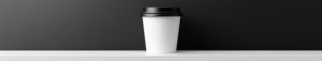 Plain coffee cup on a minimalist shelf against a black background photo