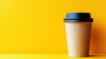 Eco-friendly coffee cup against a bright yellow background in a cozy setting photo