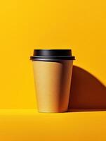 Coffee cup against bright yellow background creating a vibrant composition photo