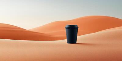 Coffee cup standing alone in vast sandy landscape during sunset photo