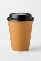 Brown disposable coffee cup with black lid positioned on a plain background photo