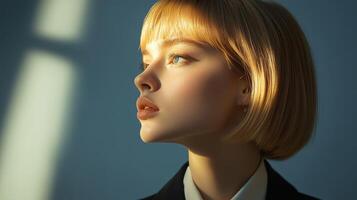 Portrait of a young woman with a bob haircut in natural light photo