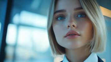 Young professional woman with short hair in modern urban office setting photo