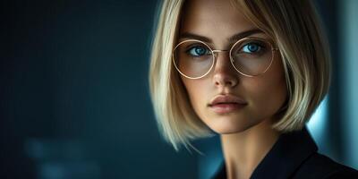 Portrait of a stylish woman with blue eyes and glasses in an urban setting photo