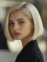 Woman with stylish bob haircut poses confidently in urban setting photo