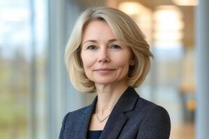 Professional woman in formal attire poses confidently in office setting photo