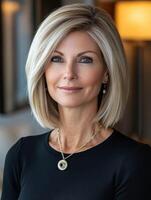Professional woman with blonde bob hairstyle in elegant setting photo