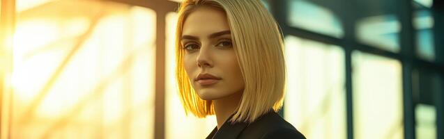 Woman in sleek suit poses confidently by sunlit windows at dusk photo