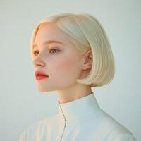 Young woman with short blonde hair posing in a minimalist studio setting photo