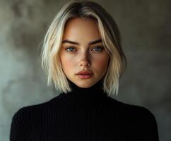 Young woman with trendy hair and blue eyes posed in neutral backdrop photo