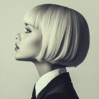 Elegant profile of a woman with a stylish bob haircut in grayscale photo