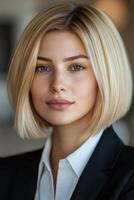 Professional portrait of a woman with blonde bob hairstyle in business attire photo