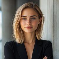 Confident young woman in a professional outfit smiles against a modern backdrop photo