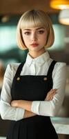 Confident young woman posing at a modern cafe interior during the day photo