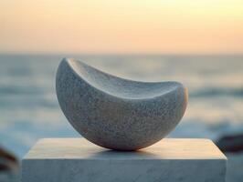 Elegant stone sculpture at sunset near the ocean shore photo
