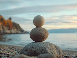 Balanced stone tower against tranquil beach backdrop at sunset photo