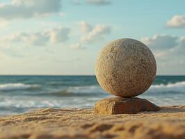 Unique stone sphere balanced on a rock near the ocean at sunset photo