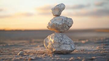 Natural stone tower balanced on sandy ground during sunset glow photo