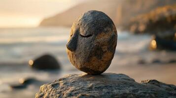 Unique stone sculpture balances on rock by the shore during sunset photo