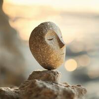 Balancing stone sculpture with serene expression at sunset by the shore photo