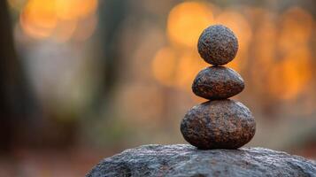 Balanced rock tower against a blurred forest background at sunset photo