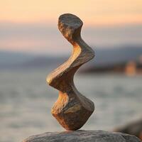 Unique stone sculpture balances on rock near ocean at sunset photo