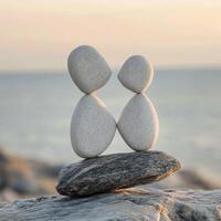 Stone figures balanced on rocks by the water during sunset photo