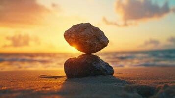 Balanced rocks during sunset on a tranquil beach in a serene landscape photo