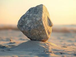Unique stone balancing on a sandy beach at sunset creates an artistic view photo