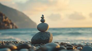 Stone stack balances uniquely on a rocky shore at sunset photo