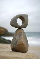 Unique stone sculpture on the beach by the calm ocean water at dusk photo