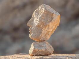 Uniquely balanced rock sculpture resembling a human face in nature photo
