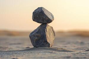 Balancing stones on sandy ground during golden hour photo
