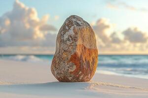 Unique rock formation on a serene beach during sunset near the ocean photo