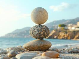 Balanced stones stacked on the beach near the ocean at sunset photo
