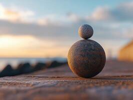 Balancing stones at sunset near the ocean shore photo