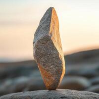 Unique balancing rock at sunset on a beach shore in a tranquil setting photo
