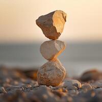 Natural balance of stones stacked on a beach during sunset photo