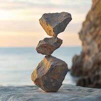 Balancing rocks at sunset by the shore creates serene natural art photo