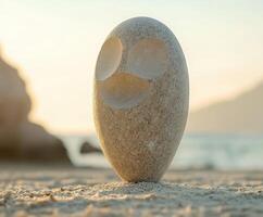 Unique stone sculpture with facial features on a beach at sunset photo