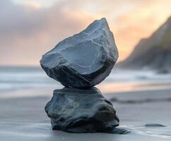 Balancing stones at the beach during a colorful sunset event photo