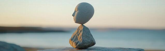 Unique rock sculpture balanced on a stone by the water at sunset photo