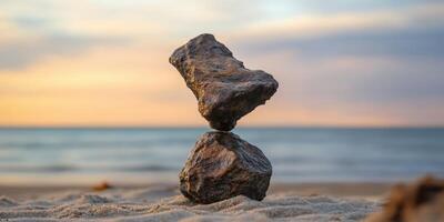 Balanced stones on a beach at sunset with ocean waves in the background photo