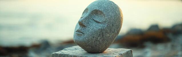 Stone sculpture of a serene face near the water crafted from granite photo