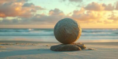 Smooth stone ball perched on rock by ocean at sunset photo