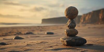 Nature's tranquility captured in a stone balancing art at sunset photo