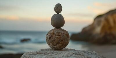 Balancing stones create tranquil art at the beach during sunset photo