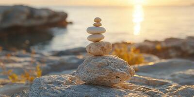 Balancing smooth stones at sunset by the sea shoreline photo